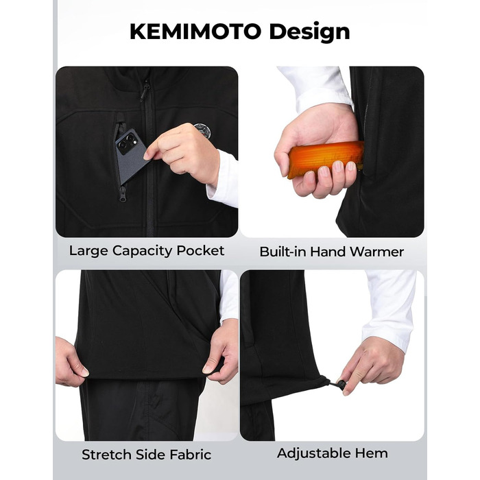 Обогреваемая жилетка KEMIMOTO для мужчин и женщин с 5 зонами обогрева, USB-аккумулятор 10000mAh, для катания на лыжах, рыбалки, мотоцикла, активного отдыха (M, Черный)