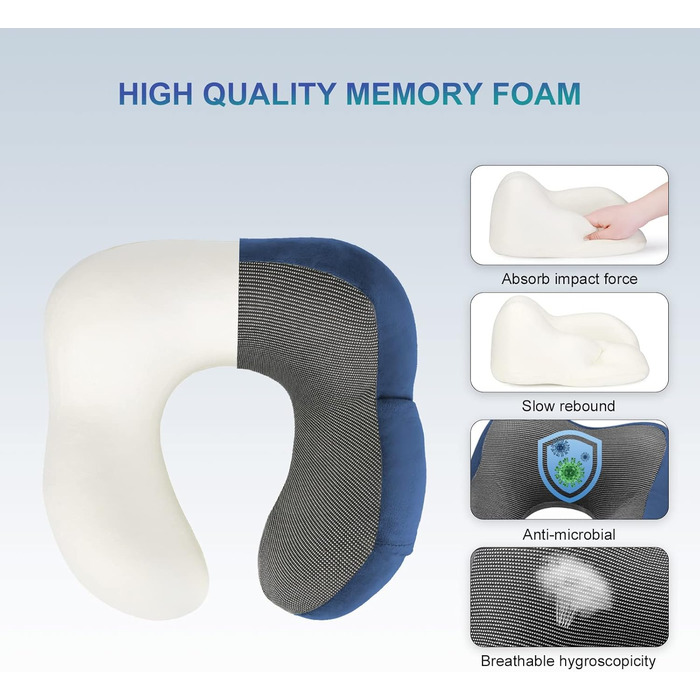 Подушка для шиї Eono з піною Memory Foam, ергономічна, для подорожей, з маскою для сну та навушниками, сумка, темно-синій