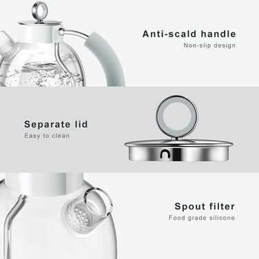 Електричний чайник ASCOT з боросилікатного скла, 2200W, 1.5L, без BPA, тихий, з функцією захисту від сухого кипіння та автоматичним вимкненням, білий