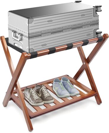 Fully assembled white luggage rack, improved bamboo, foldable suitcase stand with 5 nylon straps, luggage rack with shelf for guest rooms, hotel (white luggage rack, 1 piece) (1 x Walnut)