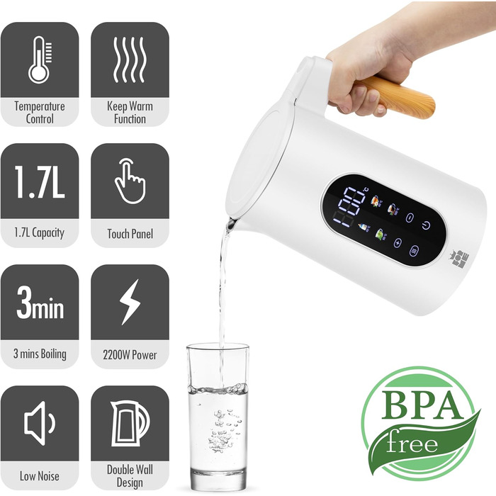Електричний чайник ForMe з нержавіючої сталі 1.7L з регулюванням температури 40-100°C, LED дисплеєм, функцією підтримання тепла, BPA Free, білий