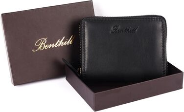 Benthill Wallet Women's Small Genuine Leather | Wallet with RFID Protection | Slim Flat Card Holder with Zipper & 6 Card Slots, Color: Black