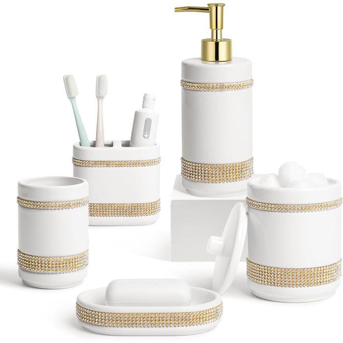 Набір аксесуарів для ванної кімнати з діамантами: органайзер, диспенсер для мила, стакан для зубних щіток, мильниця, контейнер для ватних паличок, 5 шт. Білий, кераміка