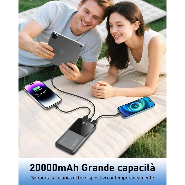 Портативний зарядний акумулятор Power Bank 20000mAh з швидкою зарядкою 22.5W, LCD дисплеєм, 1 USB-C, 2 USB-A, для iPhone 17/16/15/14/13 та смартфонів, чорний