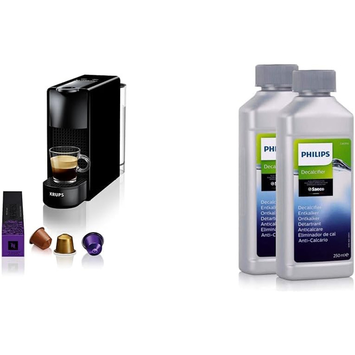 Кавова капсульна машина Nespresso Krups XN1108 Essenza Mini без капучинатора, чорна/сіра + універсальний рідкий декальцинатор Philips для кавоварок, комплект, 0.5 л
