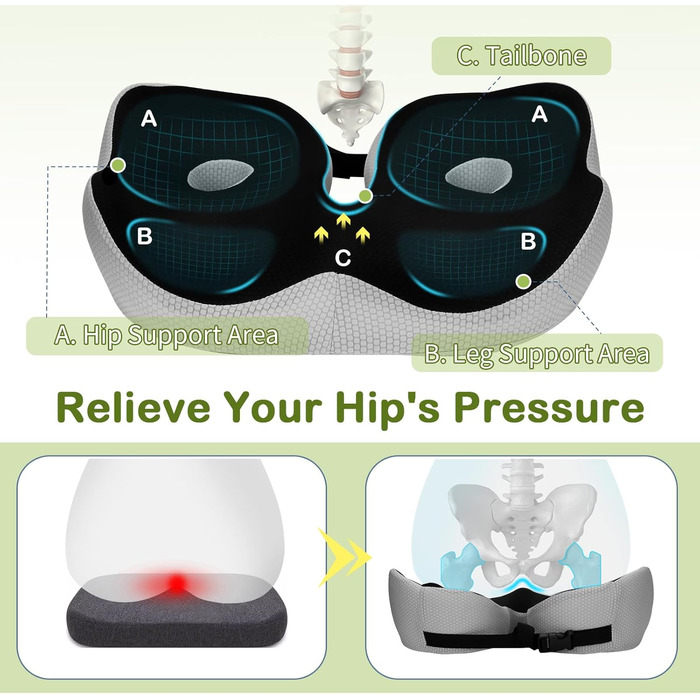 Ортопедична подушка для сидіння з Memory Foam для спини, куприка та при болях в попереку. Антиковзка, знімний чохол.