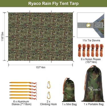 Водонепроникна брезентова накидка RYACO 3x4 м з люверсами, 6 кілків та мотузок, захист від сонця, снігу та дощу. Легка та компактна для кемпінгу, пікніків та відпочинку на природі. Камуфляж.
