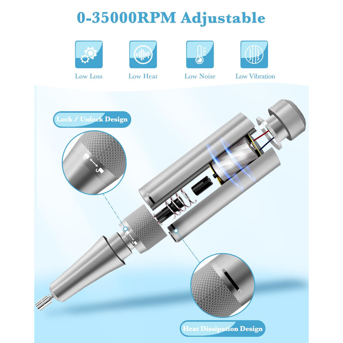 Професійний фрезер для нігтів ENGERWALL 35000 об/хв, акумуляторний, для гелю та акрилу, електричний, манікюрний набір з 7 насадок та 56 шліфувальних стрічок, темно-срібний, портативний
