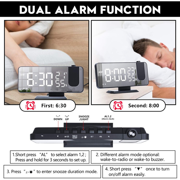 Projection Alarm Clock Digital LED Alarm Clock with Charger, Radio Alarm Clock with USB Charging Port, Dual Alarm Clock, LED Mirror Display, Adjustable Brightness, Temperature and Humidity Display, Black