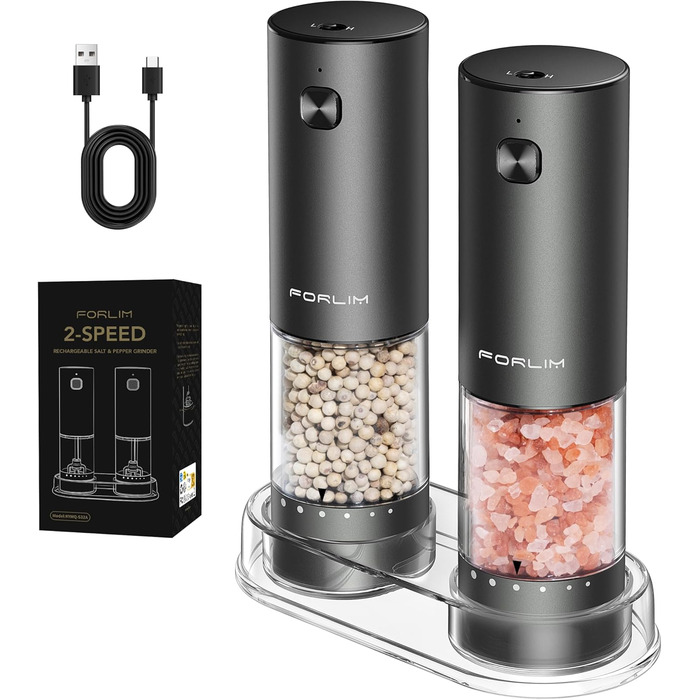 Електрична мельниця для солі та перцю FORLIM, USB-зарядка, регулювання помелу, 7 ступенів, 2 шт. (чорний+білий)