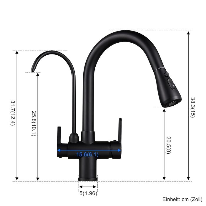 Чорний кухонний змішувач з висувною лійкою 360°, з нержавіючої сталі, для фільтрованої води