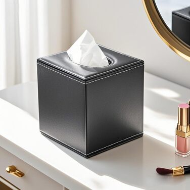KINGFOM Скляна коробка для серветок, шкіряна, квадратна | Коробка для серветок у ванну, авто, офіс, спальню (Чорний)