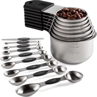 15-Piece Measuring Cup and Spoon Set, 7 Stackable Stainless Steel Measuring Cups, 8 Double-Sided Magnetic Measuring Spoons with 1 Leveler, Kitchen Gadgets for Cooking and Baking