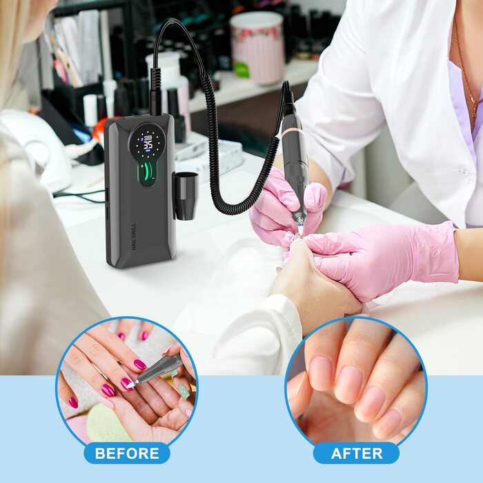 Професійний нігтефрезер ENGERWALL 35000 об/хв з акумулятором 20 годин, електрична машинка для манікюру з 7 насадками, бездротова, для акрилу та гелю, срібляста (Pro).