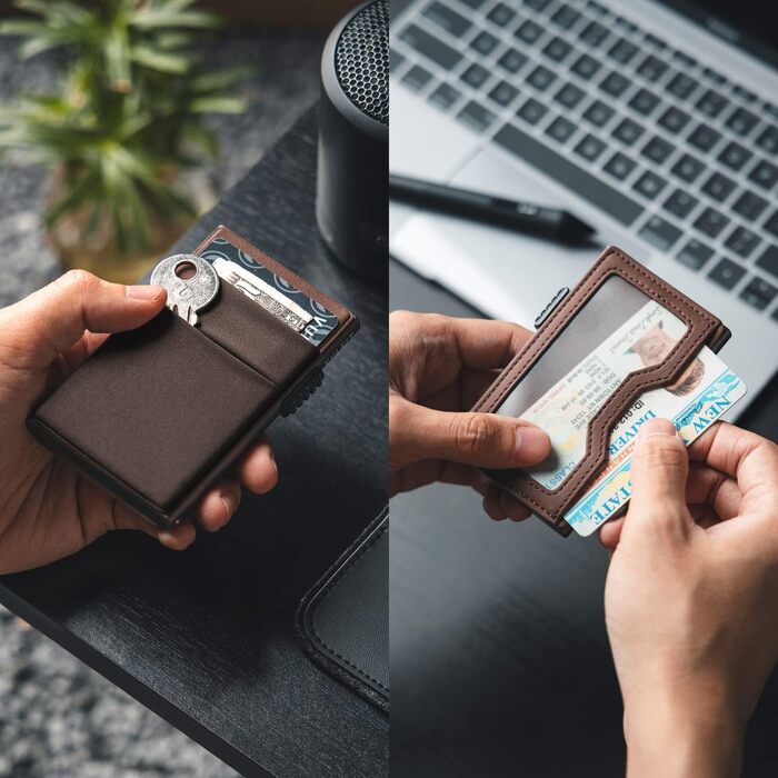 Стильний металевий гаманець для карток VULKIT з RFID-захистом, EDC-відсіками та вікном для посвідчення, колір Espresso