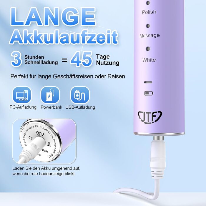 Електрична звукова зубна щітка JTF з очищувачем язика, 8 насадок, 5 режимів, функція пам'яті, таймер 2 хв, IPX7, швидка зарядка 3 год, для дорослих (блакитний) (фіолетовий + очищувач язика)