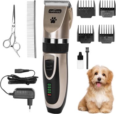 Професійна машинка для стрижки собак Nobleza Leise - набір для грумінгу, акумуляторна, 2 швидкості, для густого, довгого та кучерявого хутра, подарунковий набір (щітка, ножиці)