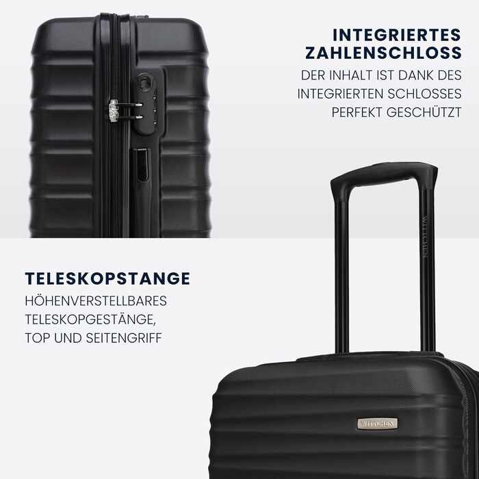 Набір валізWITTCHEN 3в1: велика, середня, маленька. Чорний, ABS, з коліщатками на 360°, TSA-замок. Підходить для Lufthansa, Eurowings, Ryanair, Condor