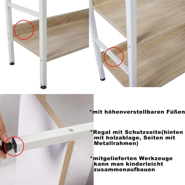 WOLTU 4-Tier Shelf Unit Bookshelf Kitchen Shelf Bathroom Shelf Made of Wood and Metal, Shelves for Storage Room 60 x 27.5 x 126 cm White + Light Oak RGB9304hei