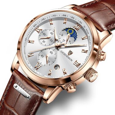 Годинник чоловічий LIGE Retro з шкіряним ремінцем, 3ATM водостійкий, аналоговий, з функцією свічення, фази місяця, з датою, коричнево-білий, хронограф