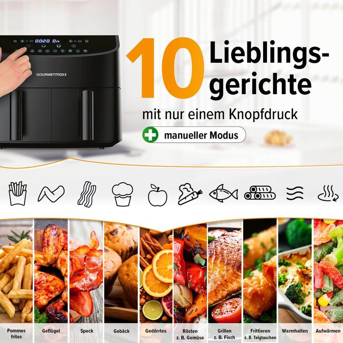 Gourmetmaxx Double Chamber Air Fryer 2x 3.5L - Black | Air Fryer + synchronized cooking zones, timer function & touch display | energy-saving frying | 10 programs | 2400 W Matte Black 2x 3.5 Liters