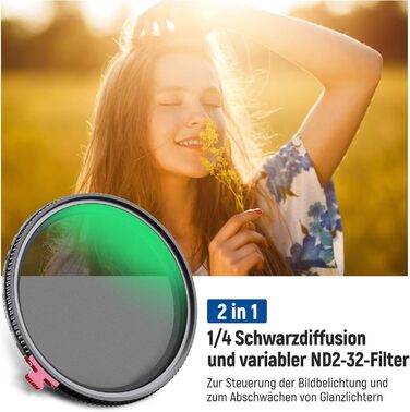 NEEWER 72mm Дифузор з ND2-ND32 фільтром, 2 в 1, HD гранульовий фільтр, чорний, для кінематографічного ефекту, вологостійкий, стійкий до подряпин, пилонепроникний