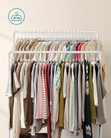 SONGMICS Clothes Rack, Clothes Rod, Coat Rack with 2 Clothes Rods and Shelf, Wheels, Load Capacity up to 110 kg, Industrial Design, for Bedroom, Dressing Room, White HSR060W01