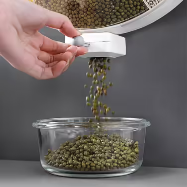 Rotating rice and grain dispenser, for kitchen, wall-mounted, for dry food, storage container for beans, white color, practical food dispenser.