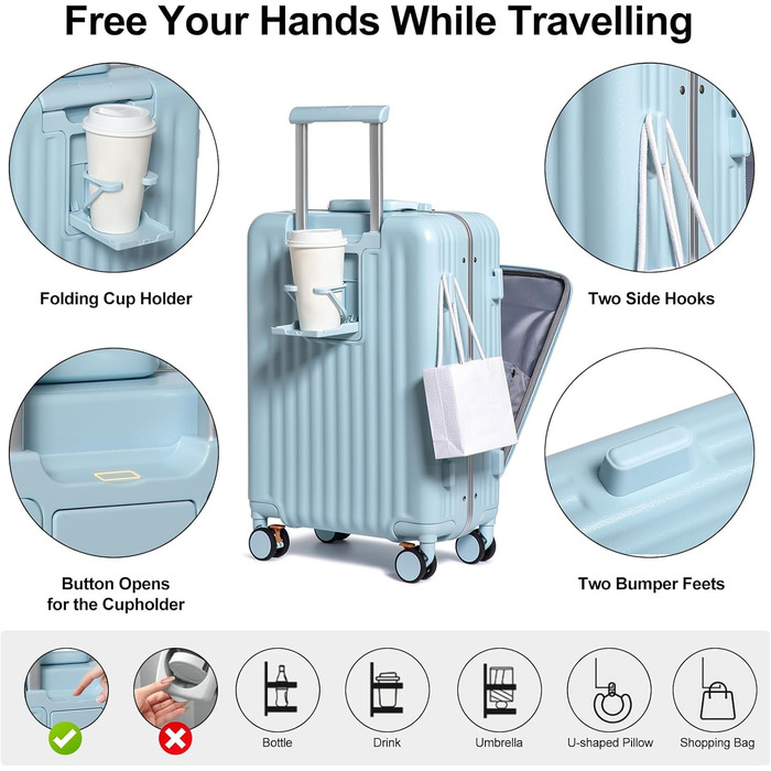 Валіза ручної поклажі Sea Choice з жорстким корпусом з PC, відділенням для ноутбука, USB-портом, 8 спін-колесами, замком TSA та тримачем для напоїв (1 шт., блакитний)