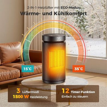 Керамічний обігрівач 1500W з термостатом, захистом від перегріву та нахилу, 75° осциляція, ECO-режим, 2-в-1 для дому (чорний, круглий)