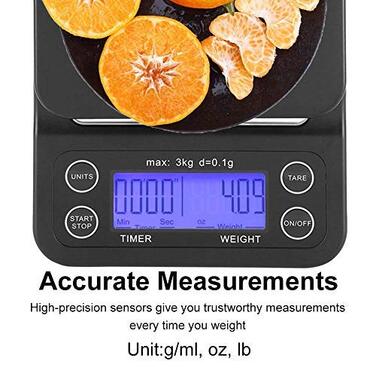 Кухонні ваги цифрові 3 кг/0,1 г з LCD дисплеєм, функцією тарування та таймером, чорного кольору.