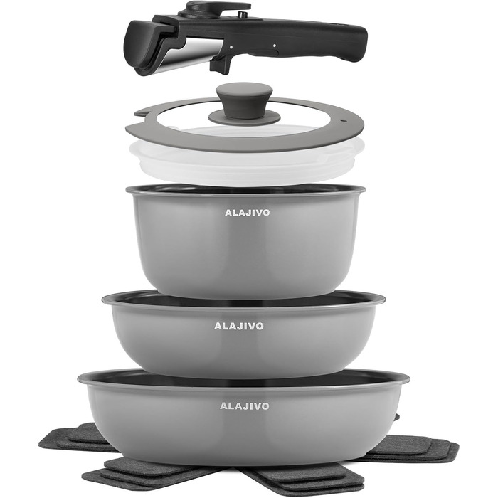 Набір посуду 9-ти частинний з знімним ручками, антипригарне покриття, керамічна сковорода, набір каструль з кришками, для всіх типів плит, безпечний у духовці (сірий)