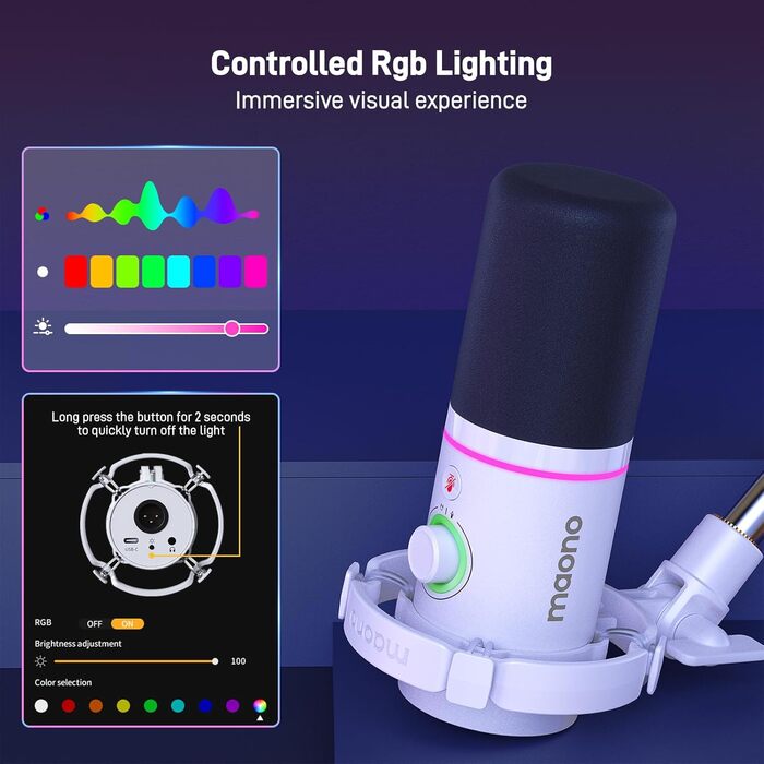 Мікрофон MAONO PD200XS XLR/USB з підсвічуванням RGB, комплект з кріпленням, програмним забезпеченням та регулятором гучності для запису, стрімінгу, геймінгу та Mac/PC