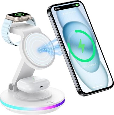 Бездротова зарядка MagSafe 3-в-1: зарядний стан для Apple Watch, iPhone 16/15/14 з нічним світлом, поворотний