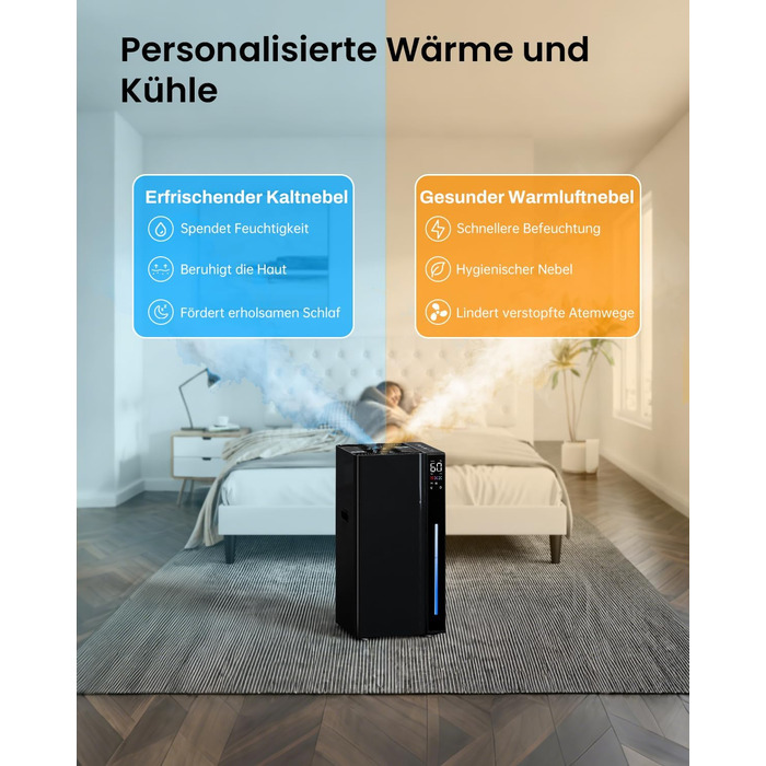 Зволожувач повітря для великих приміщень 20L, теплий та холодний туман, зволожувач до 280м², 360° ультразвуковий зволожувач, для спальні/вітальні/офісу/рослин/комерційного використання, чорний