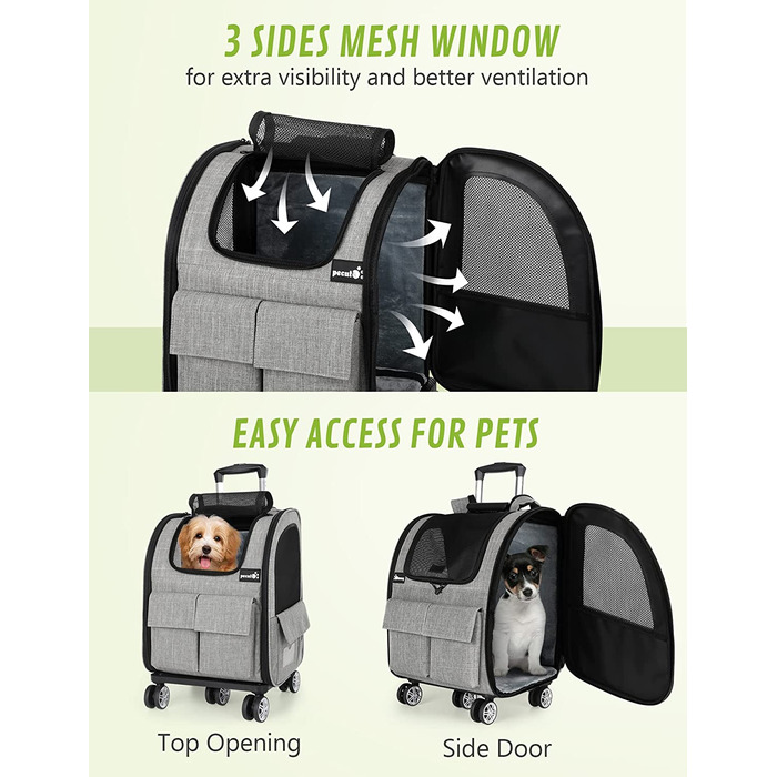 Pecute Rolling Backpack for Dogs and Cats, Dog Trolley Cat Carrier with Mesh Window, Foldable Travel Bag, Lightweight Dog Stroller, Grey