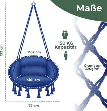 Підвісне крісло-гойдалка KESSER, 150 кг, з подушкою, сталеві кільця, плетене, з китицями, для саду та дому, водовідштовхувальне, синє