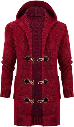 Чоловіча в'язана кардиган-світшот з капюшоном та ґудзиками. Теплий чоловічий світшот з грубого в'язання для осені та зими (червоний, 3XL)