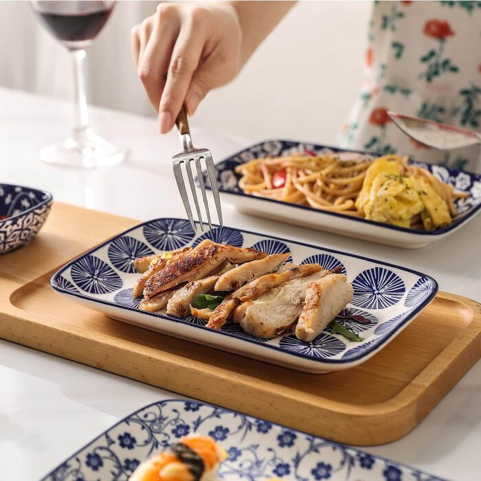 Сервірувальна тарілка Selamica 21 см, прямокутна, набір з 6 шт. для 6 осіб, десертна, для салатів, суші, фруктів, вінтажний синій колір