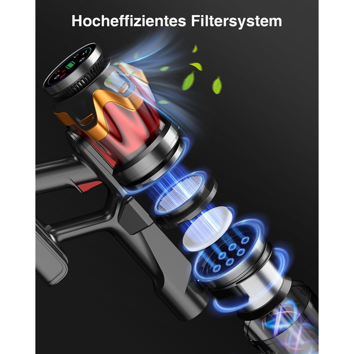 Бездротовий акумуляторний пилосос 45000Pa/550W/65хв, об'єм 1,6л з дисплеєм, антизаплутана щітка, самостійна парковка, док-станція на стіні, 8-шарова фільтрація, тихий, для шерсті тварин/килимів/твердих поверхонь/автомобіля (червоний)