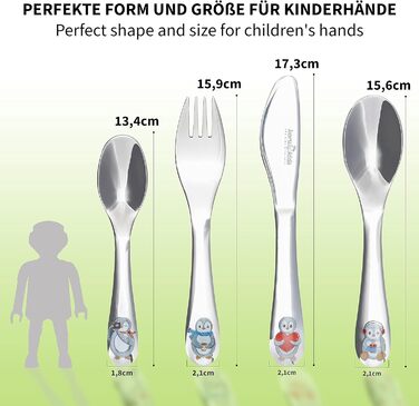 Набір дитячого столового прибору Koru Kids® Kinderbesteck Pinguin (4 шт.) з нержавіючої сталі – столовий прилад для навчання дітей, придатний для миття в посудомийній машині