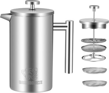 Набір для приготування кави френч-прес, термоізольований, з пітчером для спінювання молока, з нержавіючої сталі, 1 літр