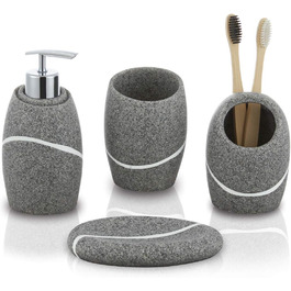 ZCCZ Bathroom Set – 4-Piece Organizer Set with Toothbrush Holder, Soap Dispenser, Cosmetic Tray, and Cotton Swab Holder – Elegant Stone-Look Decoration for Modern Bathrooms (Gray)