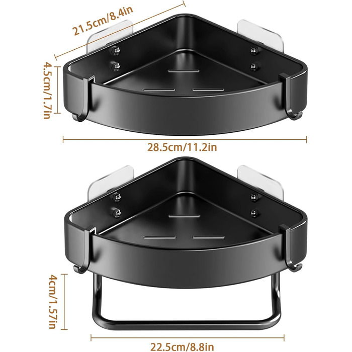 Поличка для душу з 2 рівнями, кутова, без свердління, з нержавіючої сталі, з тримачем для рушників та 2 гачками, чорна, для ванної, кухні, туалету
