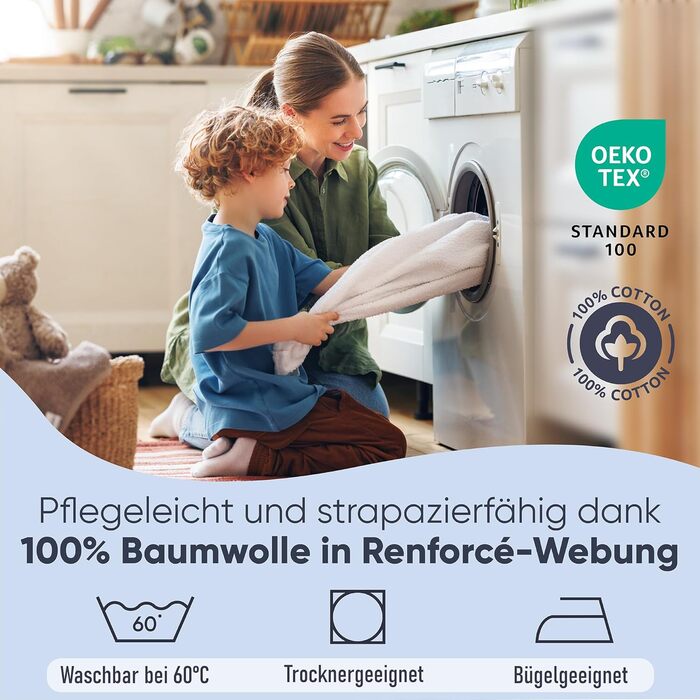 Комплект постільної білизни для дитячого ліжечка Kinder з 100% бавовни (100x135 см) з тваринами. Підходить для хлопчиків, легко періть при 60°C. Включає постільну білизну та подушку (40x60 см).