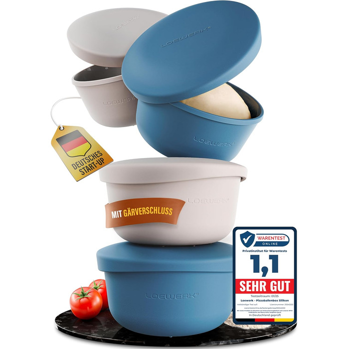 LOEWERK Pizza Ball Box with Lid – 4-Piece Set – Breathable Dough Box for Perfect Pizza Dough - Space-Saving Silicone Pizza Dough Box with Lid, Pizza Box, Pizza Ball Box, Proofing Box – Olive/Gray (4 Pieces blue+gray)