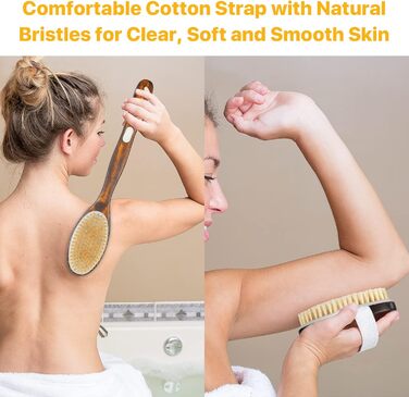 Набір з 2 шт. щітки для спини та душу з довгим руків'ям, для тіла, для пілінгу, натуральна щетина, видаляє омертвілу шкіру, зменшує целюліт, покращує лімфодренаж