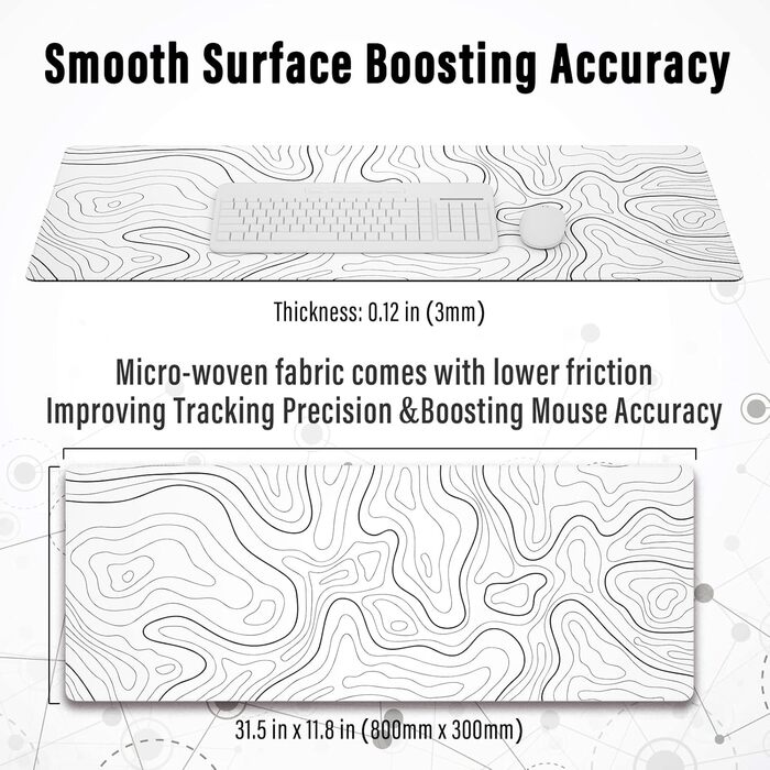 Ovenbird Велике ігрове килимок для миші з прошитими краями, топографічні карти, XL килимок з неслизькою основою, стильний підкладка під клавіатуру та мишу, 80 x 30 см, білий