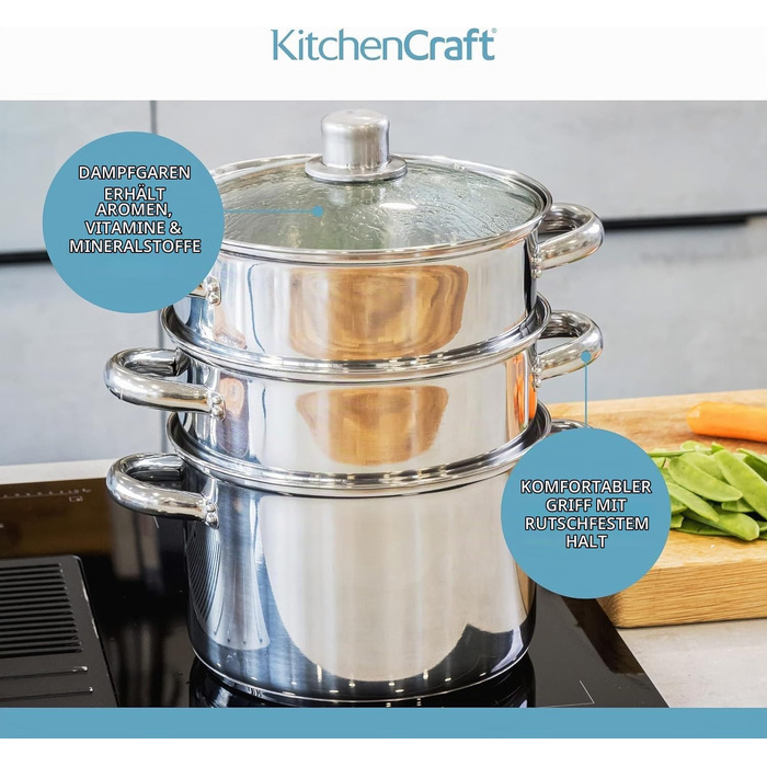 Набір каструль KitchenCraft з пароваркою, 3 предмети, нержавіюча сталь, для індукційних плит, 22 см, сріблястий
