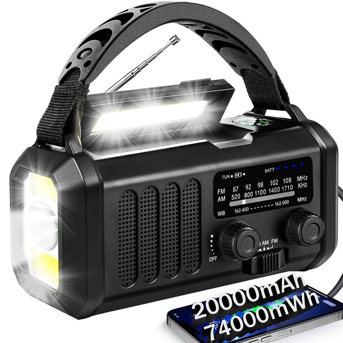 Радіоприймач аварійний QAUYYW з сонячною та ручною зарядкою, 20000 mAh, AM/FM/NOAA/SW, ліхтарик, SOS-сигнал, зарядний пристрій для телефону